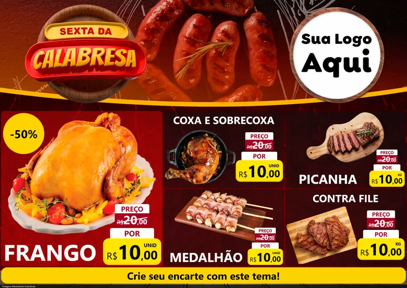 Modelo de Encarte para Encarte A4 Horizontal com o tema Sexta da Calabresa para Assados