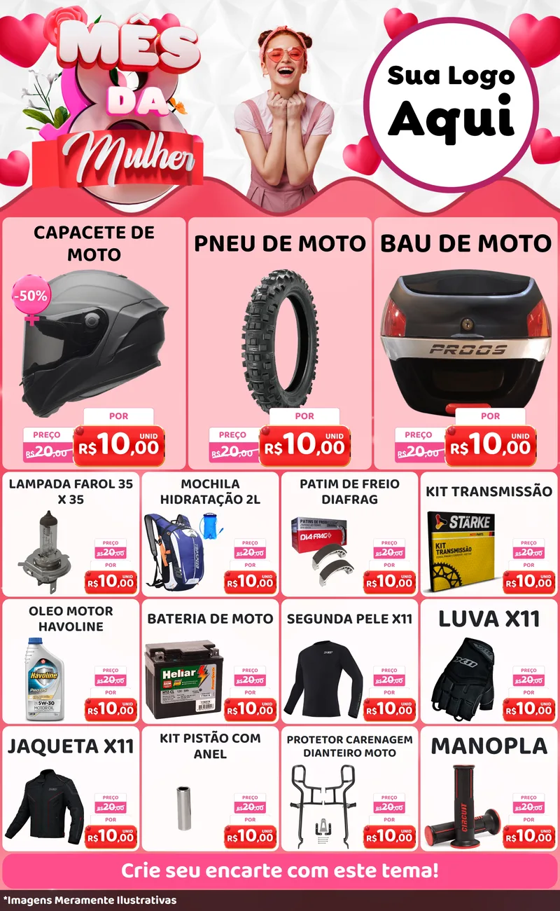 Modelo de Encarte para Encarte Grande com o tema Mês da Mulher para Moto peças