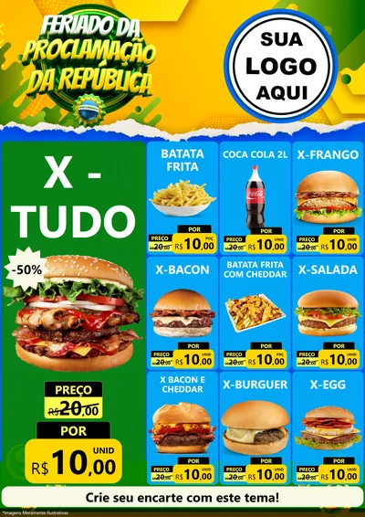 Modelo de Encarte para Encarte A4 Vertical com o tema Feriado da Proclamação da República para Hamburgueria
