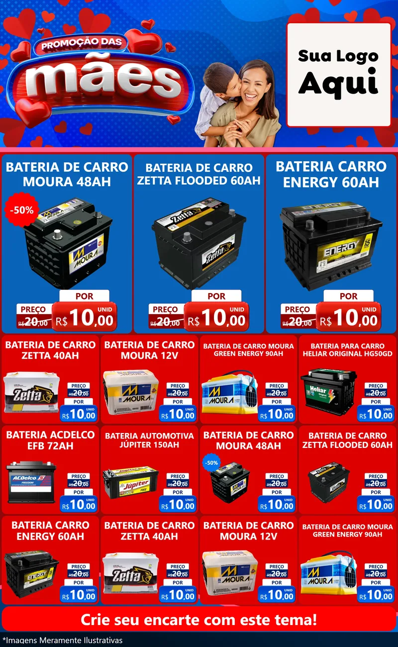 Modelo de Encarte para Encarte Grande com o tema Promoção das Mães para Baterias Elétricas