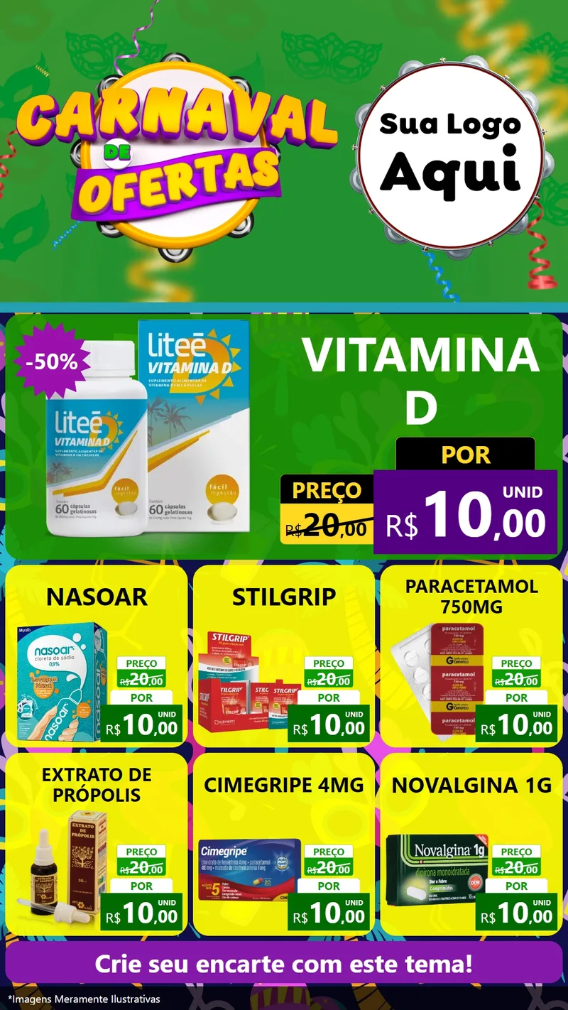 Modelo de Rede Social para Stories com o tema Carnaval de Ofertas para Farmácia