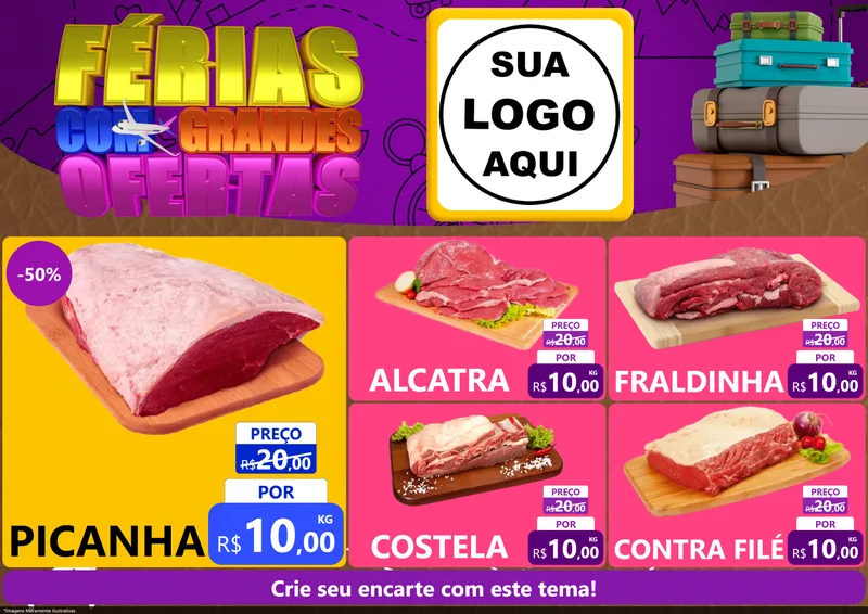Modelo de Encarte para Encarte A4 Horizontal com o tema Férias com Grandes Ofertas para Açougue