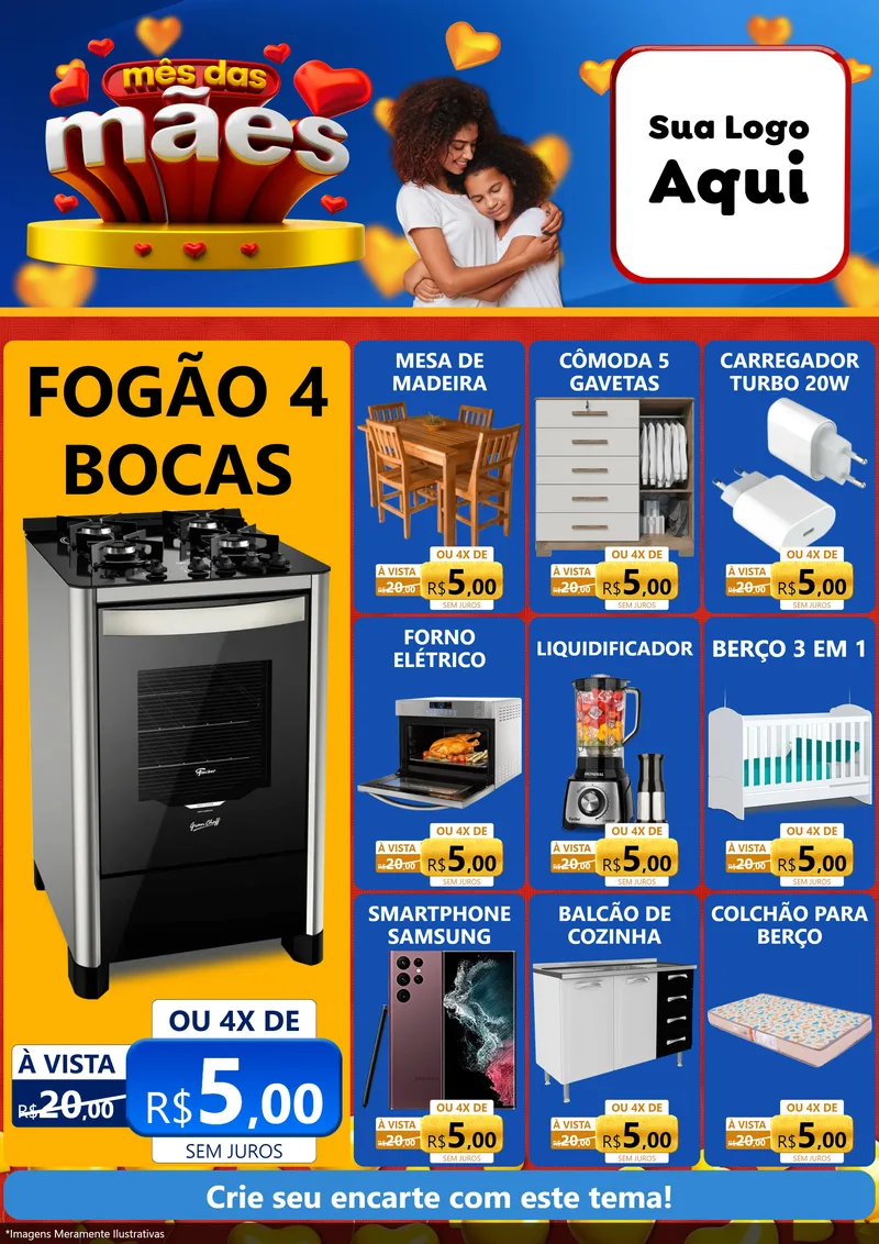 Modelo de Encarte para Encarte A4 Vertical com o tema Mês das Mães para Móveis e Eletro