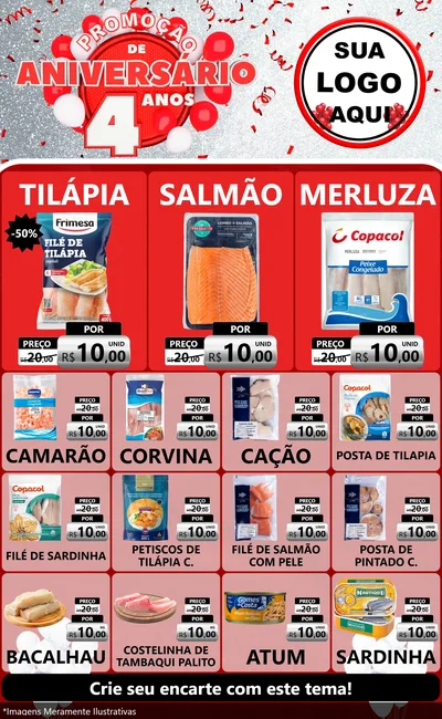 Modelo de Encarte para Encarte Grande com o tema Promoção de Aniversário - 4 Anos para Peixaria