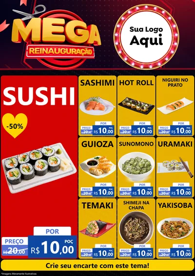 Modelo de Encarte para Encarte A4 Vertical com o tema Mega Reinauguração para Comida japonesa