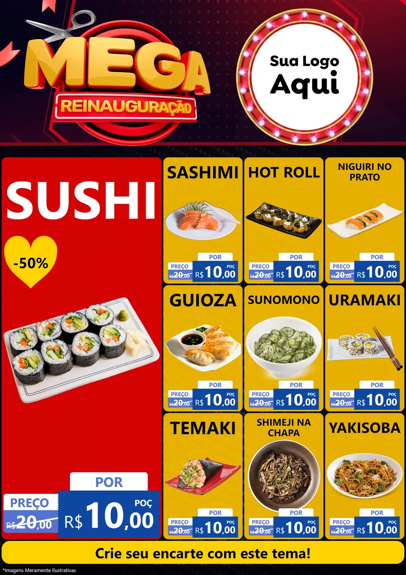 Modelo de Encarte para Encarte A4 Vertical com o tema Mega Reinauguração para Comida japonesa