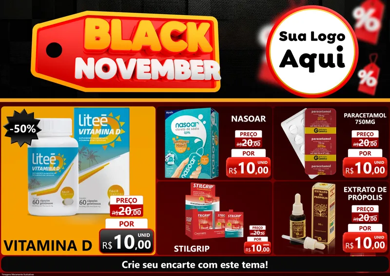 Modelo de Encarte para Encarte A4 Horizontal com o tema Black November para Farmácia