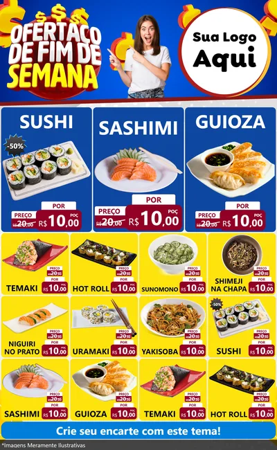 Modelo de Encarte para Encarte Grande com o tema Ofertaço de Fim de Semana para Comida japonesa