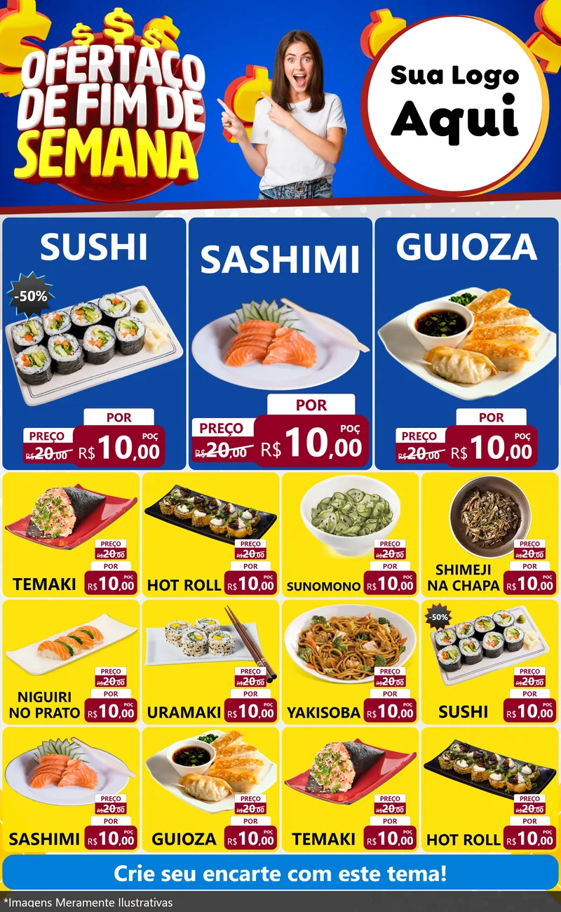 Modelo de Encarte para Encarte Grande com o tema Ofertaço de Fim de Semana para Comida japonesa