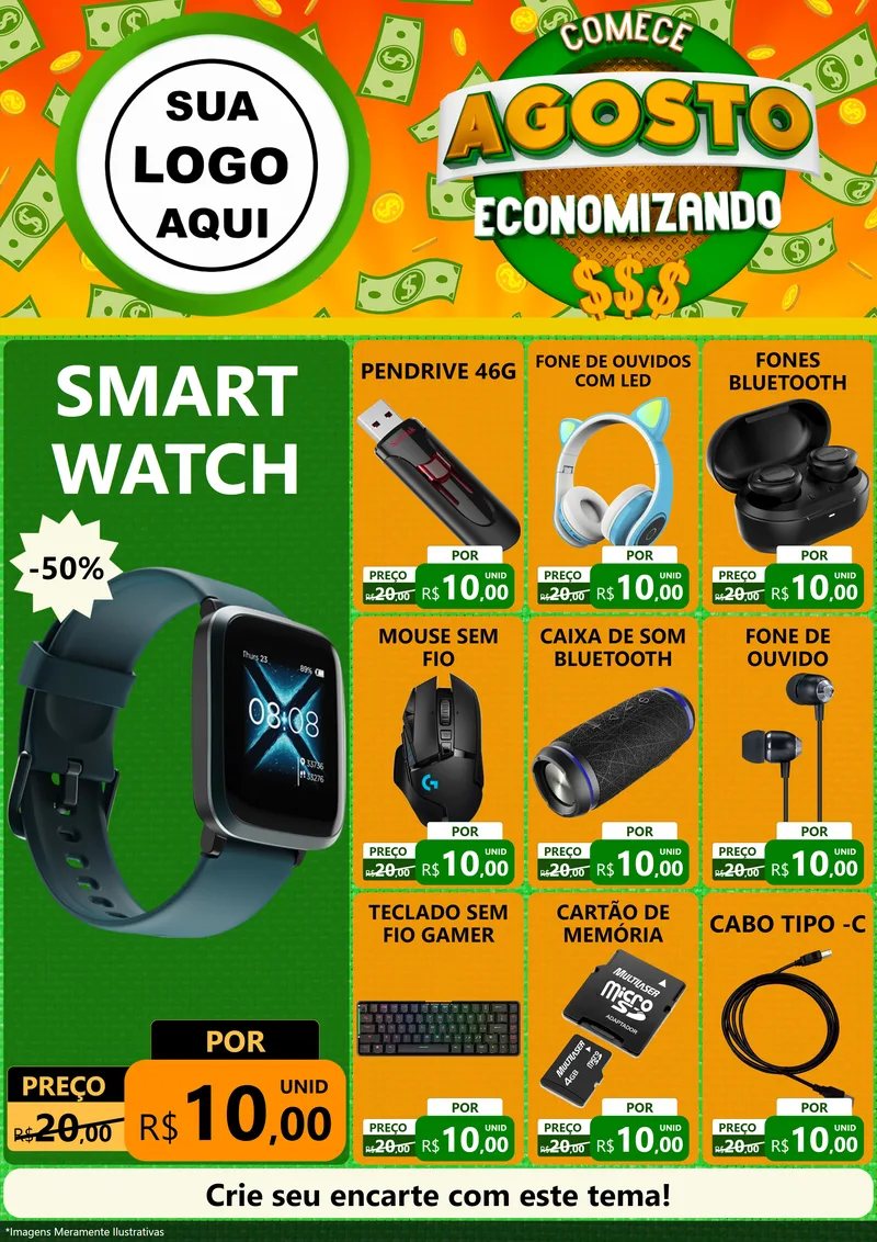 Modelo de Encarte para Encarte A4 Vertical com o tema Comece Agosto Economizando para Informática