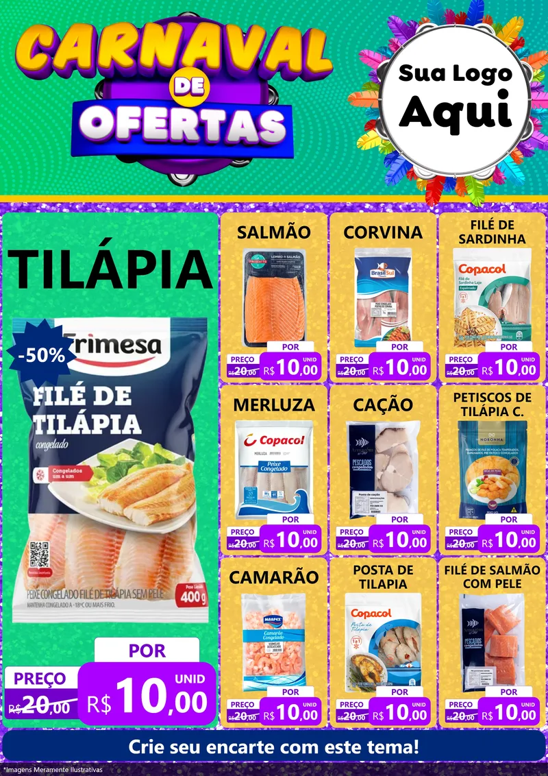 Modelo de Encarte para Encarte A4 Vertical com o tema Carnaval de Ofertas para Peixaria