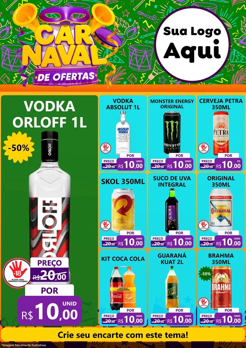Modelo de Encarte para Encarte A4 Vertical com o tema Carnaval de Ofertas para Distribuidora de bebidas