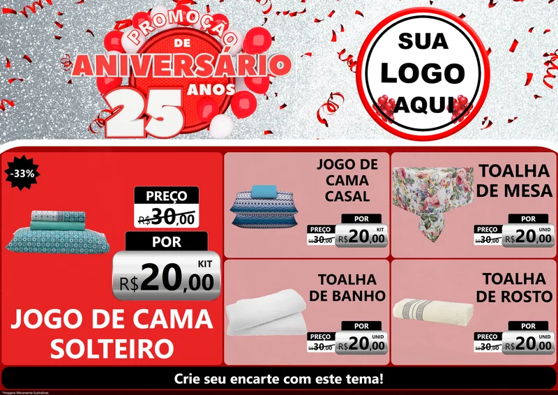 Modelo de Encarte para Encarte A4 Horizontal com o tema Promoção de Aniversário - 25Anos para Cama, Mesa e Banho