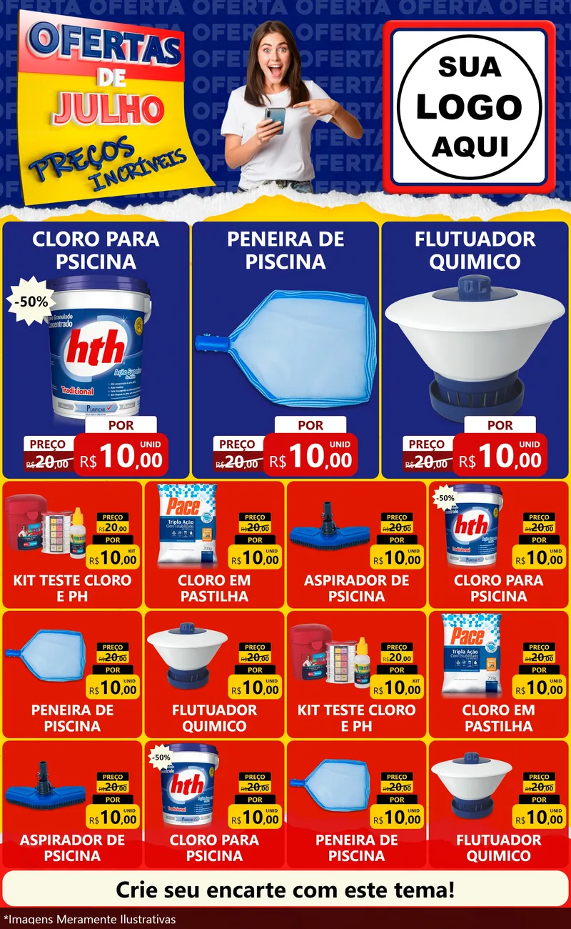 Modelo de Encarte para Encarte Grande com o tema Ofertas de Julho - Preços Incríveis para Produtos para Piscina
