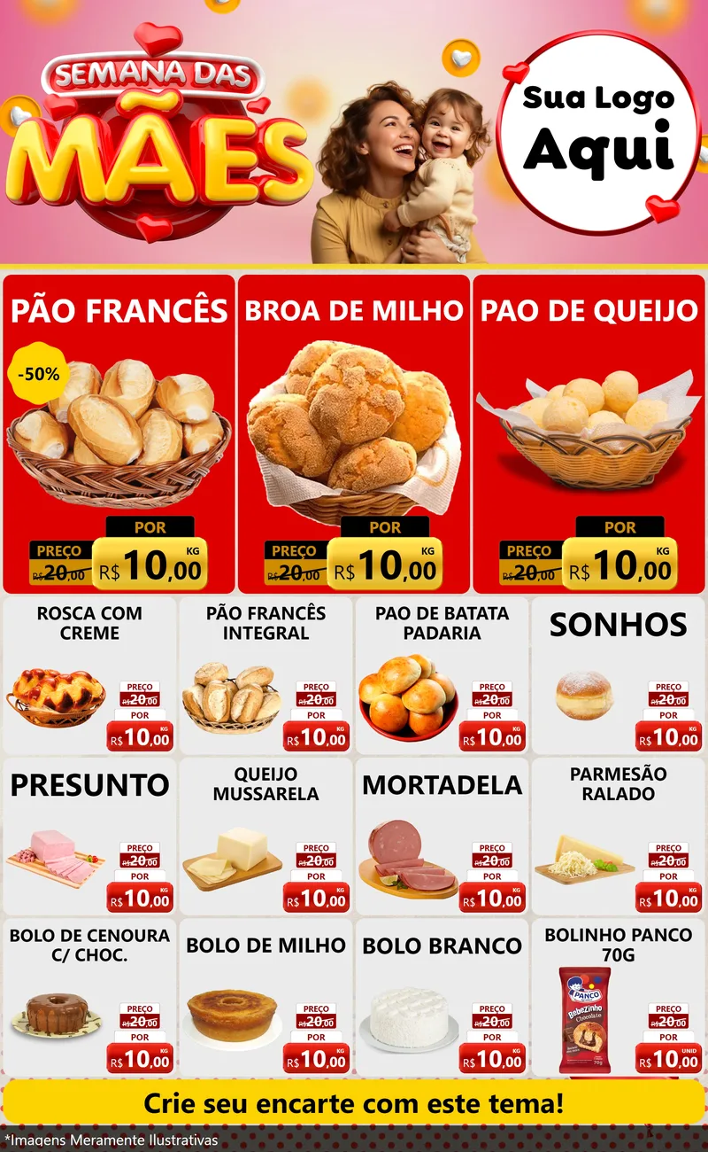 Modelo de Encarte para Encarte Grande com o tema Semana das Mães para Padaria