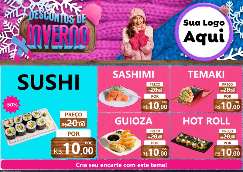 Modelo de Encarte para Encarte A4 Horizontal com o tema Descontos de Inverno para Comida japonesa