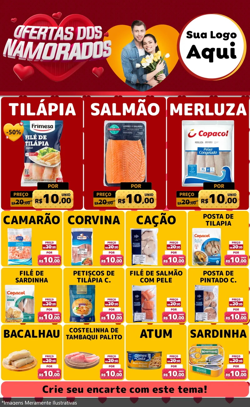 Modelo de Encarte para Encarte Grande com o tema Ofertas Dos Namorados para Peixaria