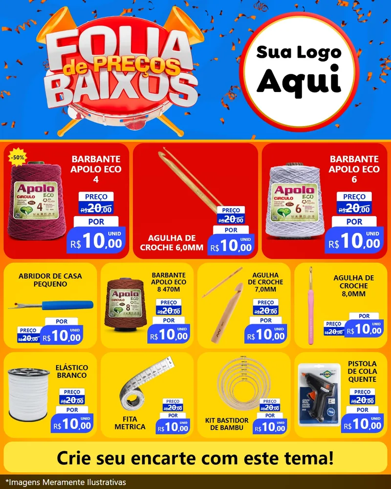 Modelo de Rede Social para Feed Instagram com o tema Folia de Preços Baixos para Armarinho e Aviamentos