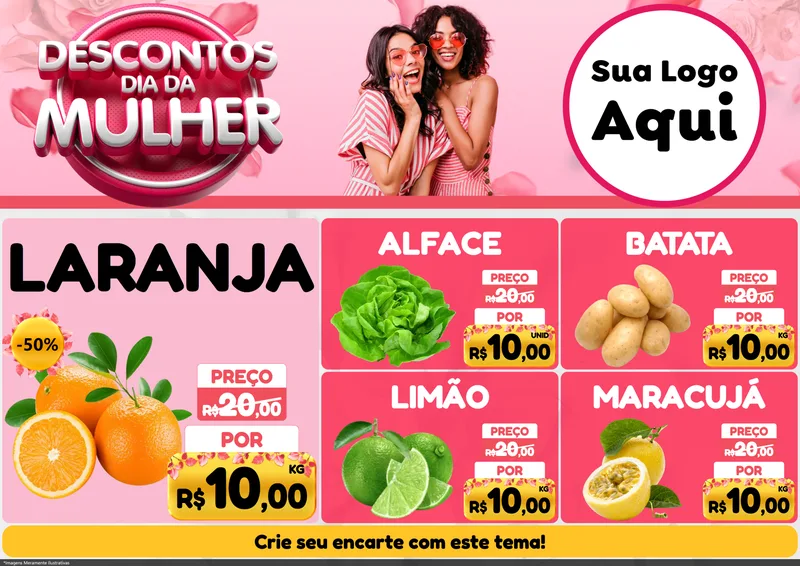 Modelo de Encarte para Encarte A4 Horizontal com o tema Descontos Dia da Mulher para Hortifrúti