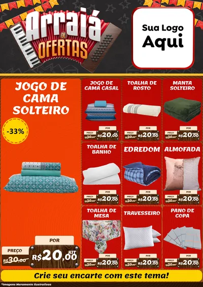 Modelo de Encarte para Encarte A4 Vertical com o tema Arraiá de Ofertas - Junina para Cama, Mesa e Banho