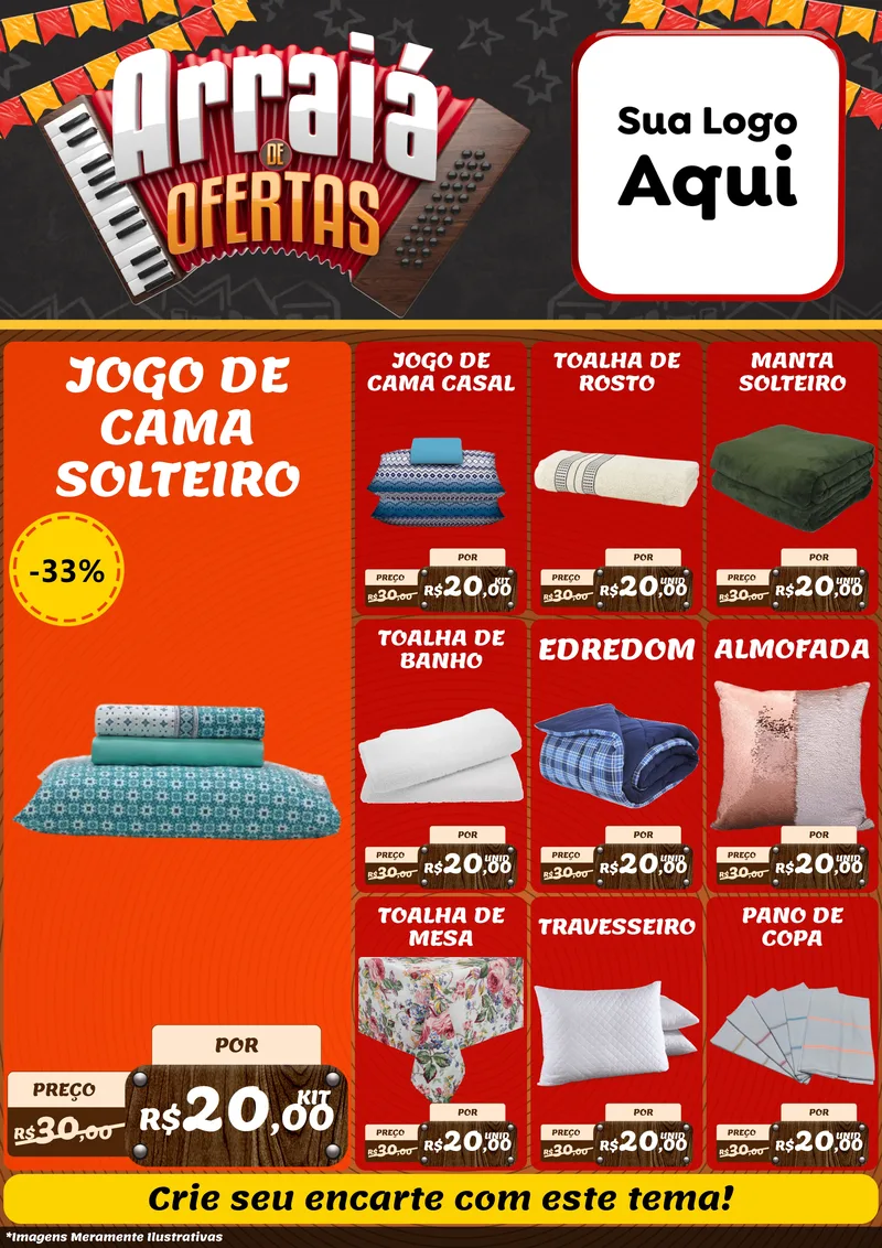 Modelo de Encarte para Encarte A4 Vertical com o tema Arraiá de Ofertas - Junina para Cama, Mesa e Banho