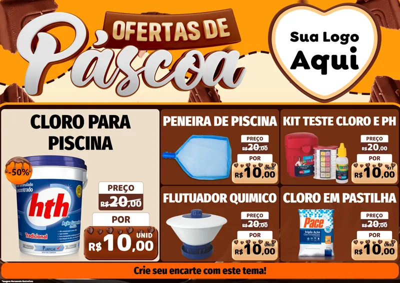 Modelo de Encarte para Encarte A4 Horizontal com o tema Ofertas de Páscoa para Produtos para Piscina