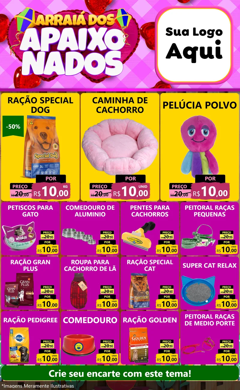 Modelo de Encarte para Encarte Grande com o tema Arraiá dos Apaixonados para Pet Shop