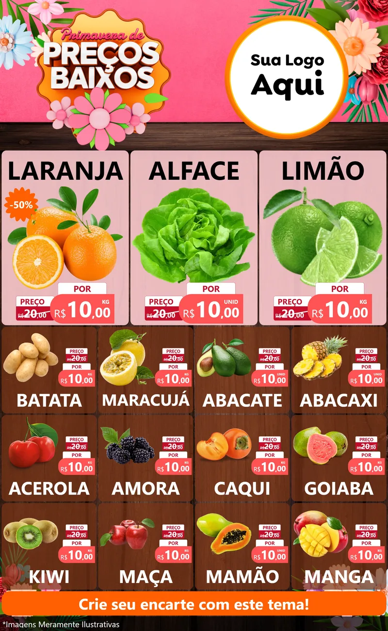 Modelo de Encarte para Encarte Grande com o tema Primavera de Preços Baixos para Hortifrúti