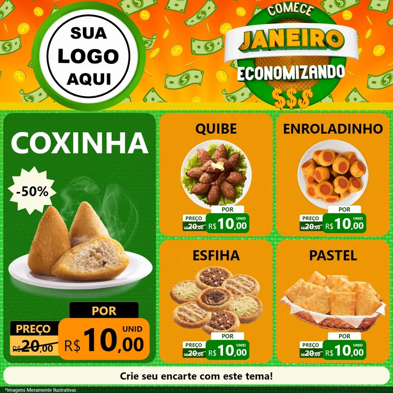 Modelo de Rede Social para Feed Facebook com o tema Comece Janeiro Economizando para Salgadaria
