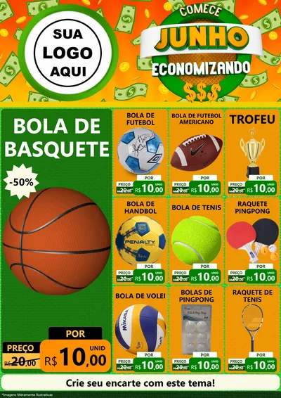 Modelo de Encarte para Encarte A4 Vertical com o tema Comece Junho Economizando para Artigos Esportivos