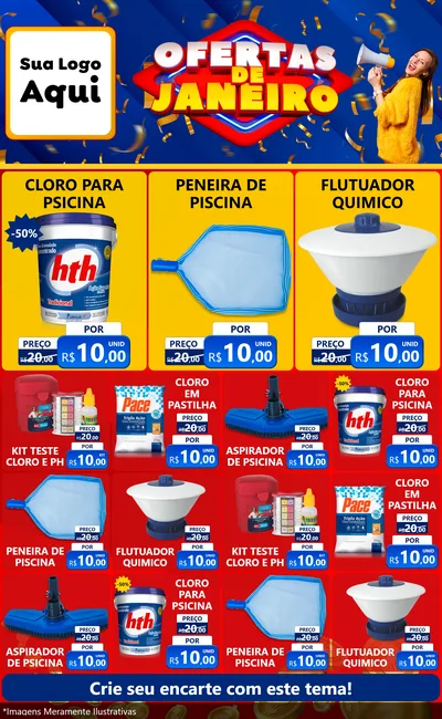 Modelo de Encarte para Encarte Grande com o tema Ofertas de Janeiro para Produtos para Piscina