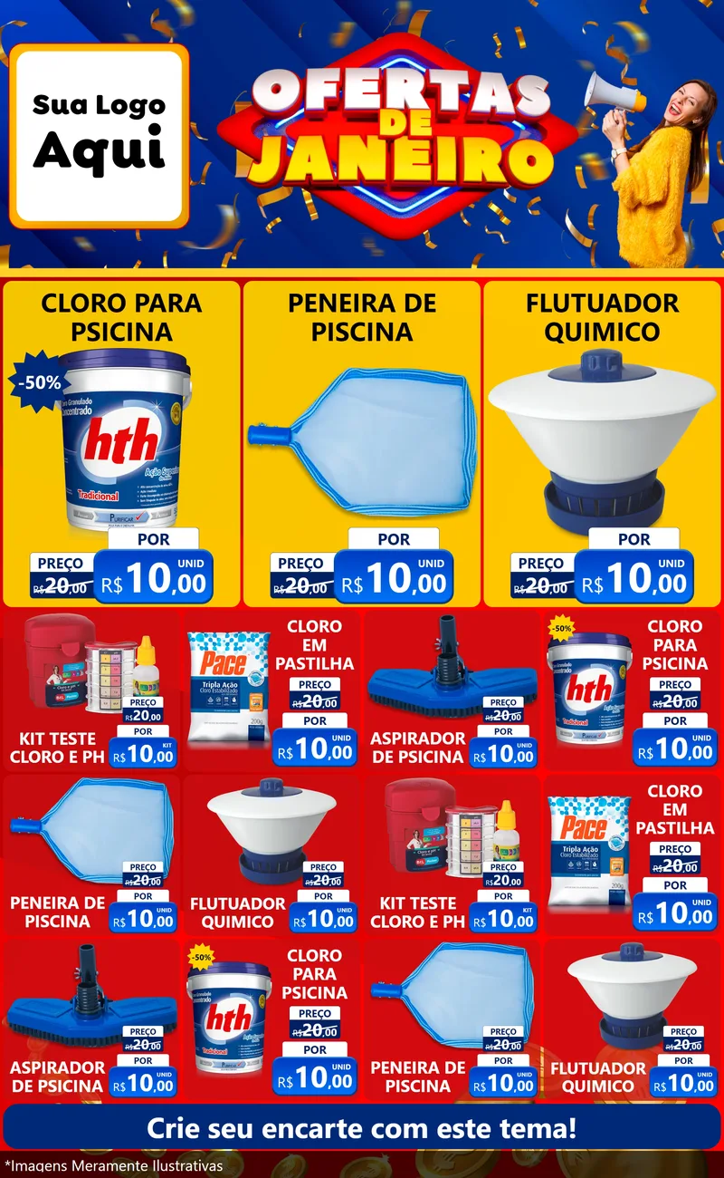 Modelo de Encarte para Encarte Grande com o tema Ofertas de Janeiro para Produtos para Piscina