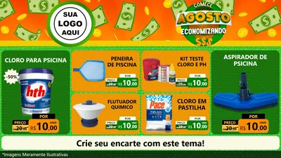 Modelo de TV para TV Horizontal com o tema Comece Agosto Economizando para Produtos para Piscina