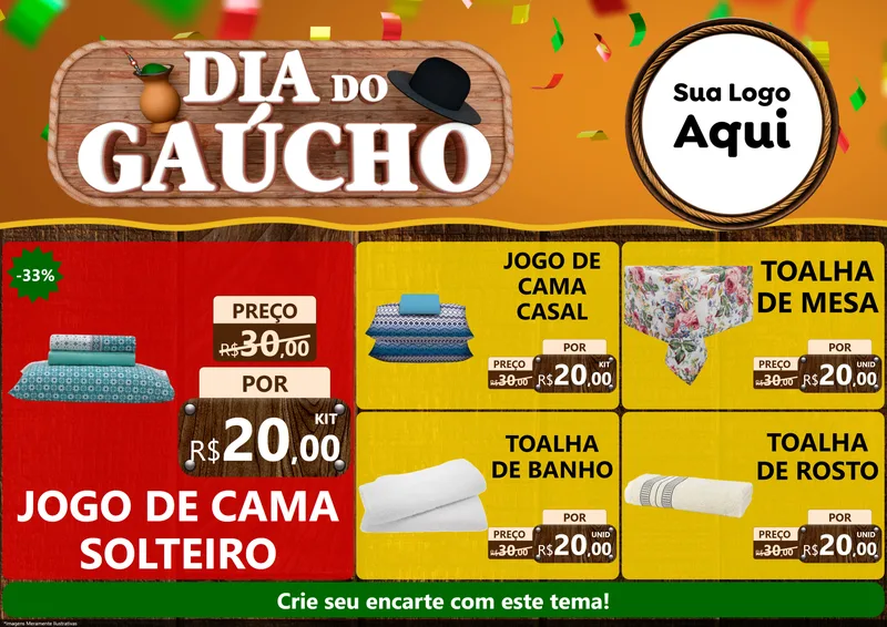 Modelo de Encarte para Encarte A4 Horizontal com o tema Dia do Gaúcho para Cama, Mesa e Banho
