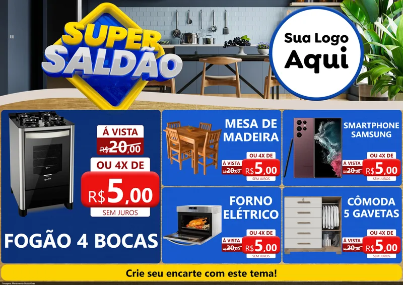 Modelo de Encarte para Encarte A4 Horizontal com o tema Super Saldão para Móveis e Eletro