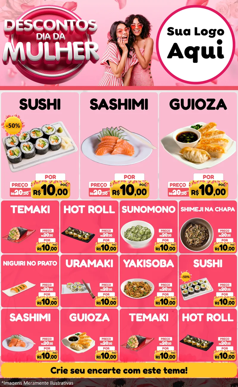 Modelo de Encarte para Encarte Grande com o tema Descontos Dia da Mulher para Comida japonesa
