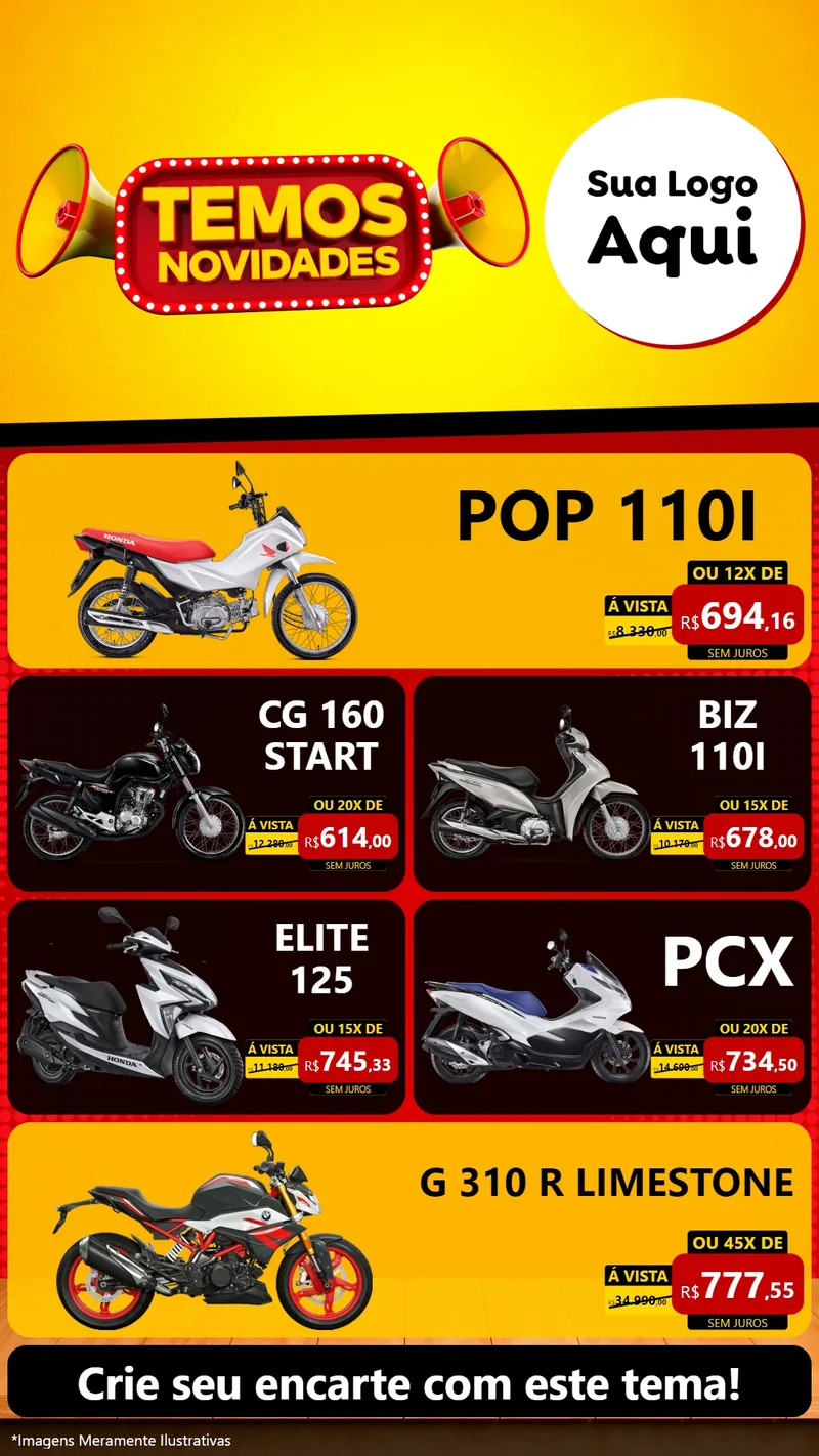 Modelo de TV para TV Vertical com o tema Temos Novidades para Concessionaria de Motos
