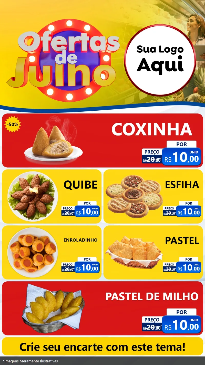 Modelo de TV para TV Vertical com o tema Ofertas de Julho para Salgadaria