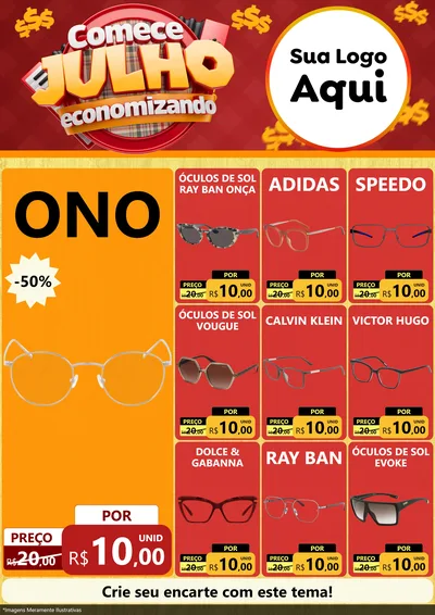 Modelo de Encarte para Encarte A4 Vertical com o tema Comece Julho Economizando para Óticas