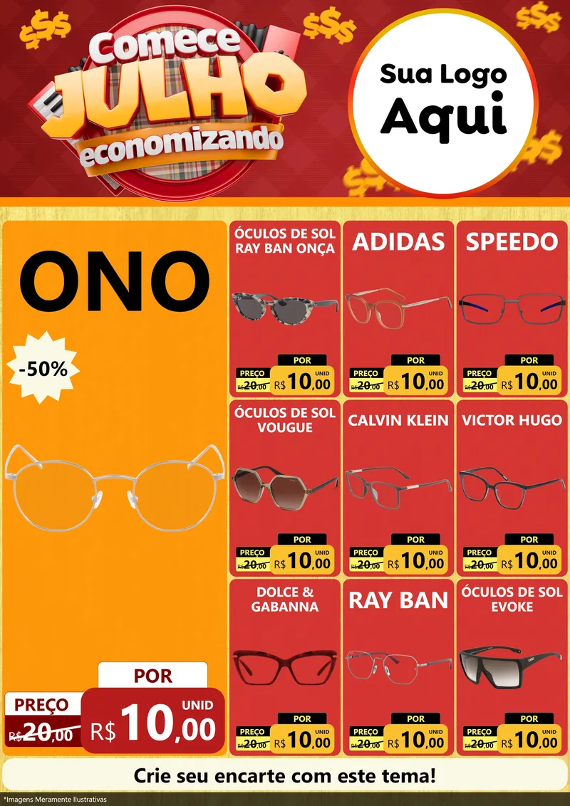 Modelo de Encarte para Encarte A4 Vertical com o tema Comece Julho Economizando para Óticas