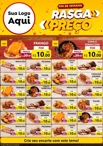 Modelo de Encarte para Encarte A4 Vertical com o tema Fim de Semana Rasga Preços para Assados