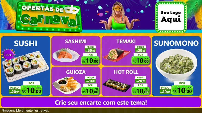 Modelo de TV para TV Horizontal com o tema Ofertas de Carnaval para Comida japonesa