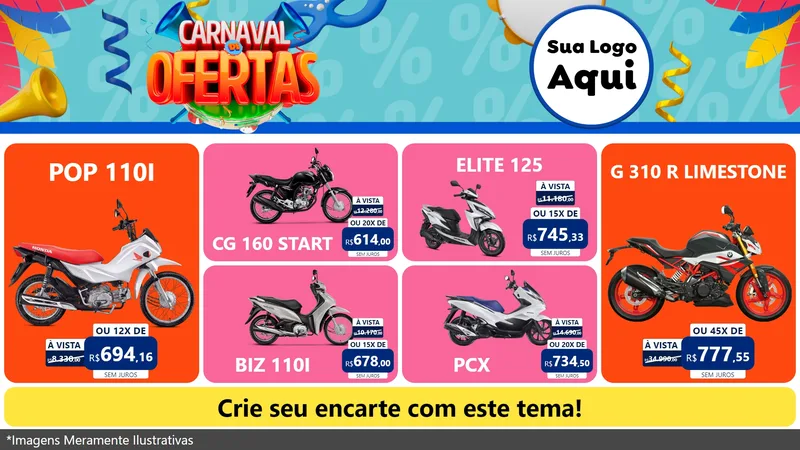 Modelo de TV para TV Horizontal com o tema Carnaval de Ofertas para Concessionaria de Motos