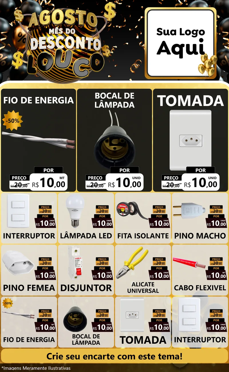 Modelo de Encarte para Encarte Grande com o tema Agosto Mês do Desconto Louco para Materiais Elétricos