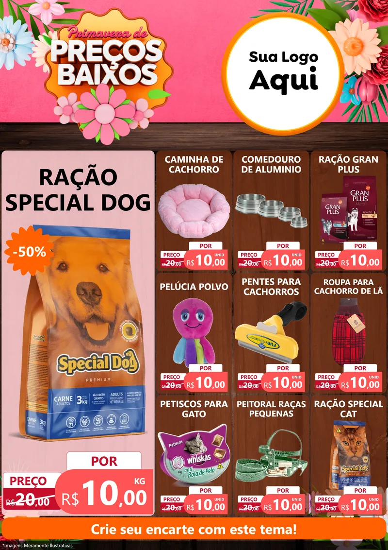 Modelo de Encarte para Encarte A4 Vertical com o tema Primavera de Preços Baixos para Pet Shop