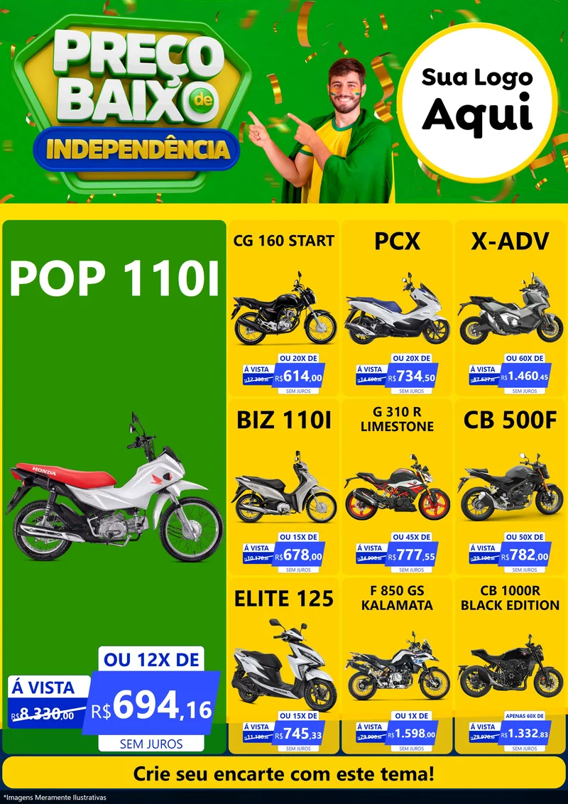Modelo de Encarte para Encarte A4 Vertical com o tema Preço Baixo de Independência para Concessionaria de Motos