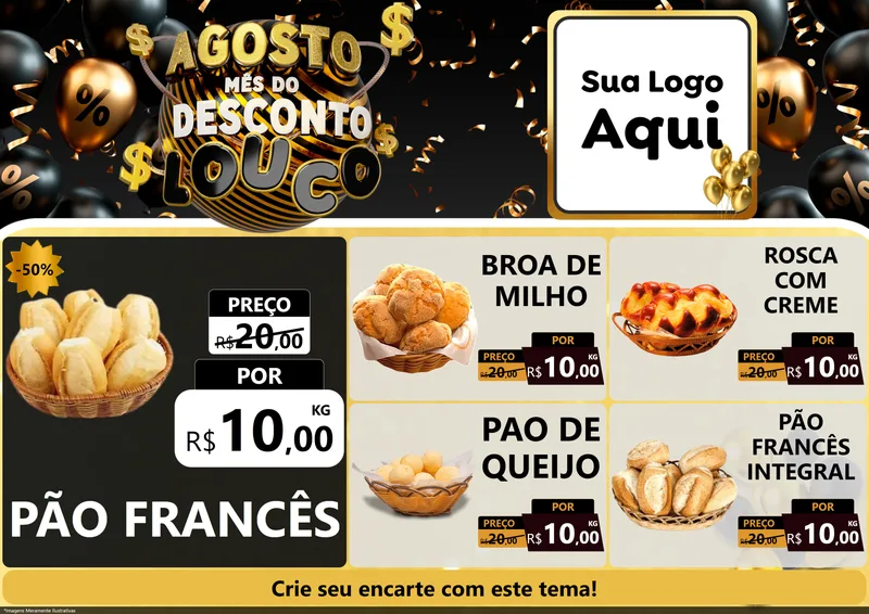Modelo de Encarte para Encarte A4 Horizontal com o tema Agosto Mês do Desconto Louco para Padaria