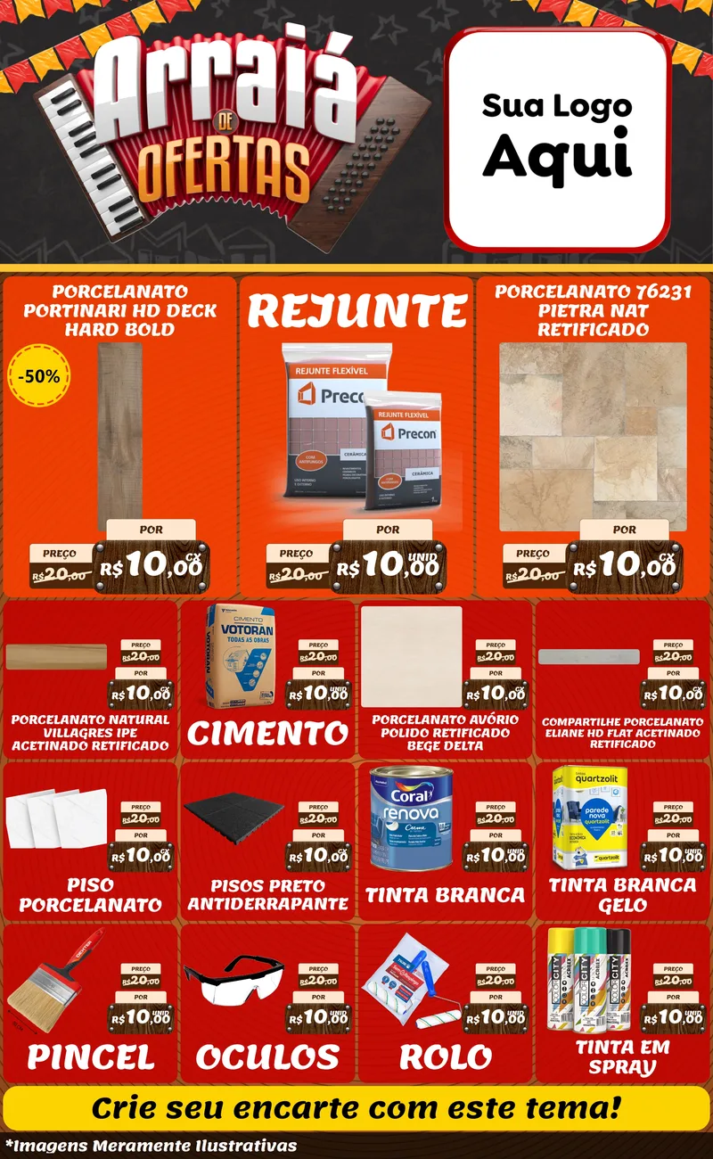 Modelo de Encarte para Encarte Grande com o tema Arraiá de Ofertas - Junina para Pisos e revestimentos