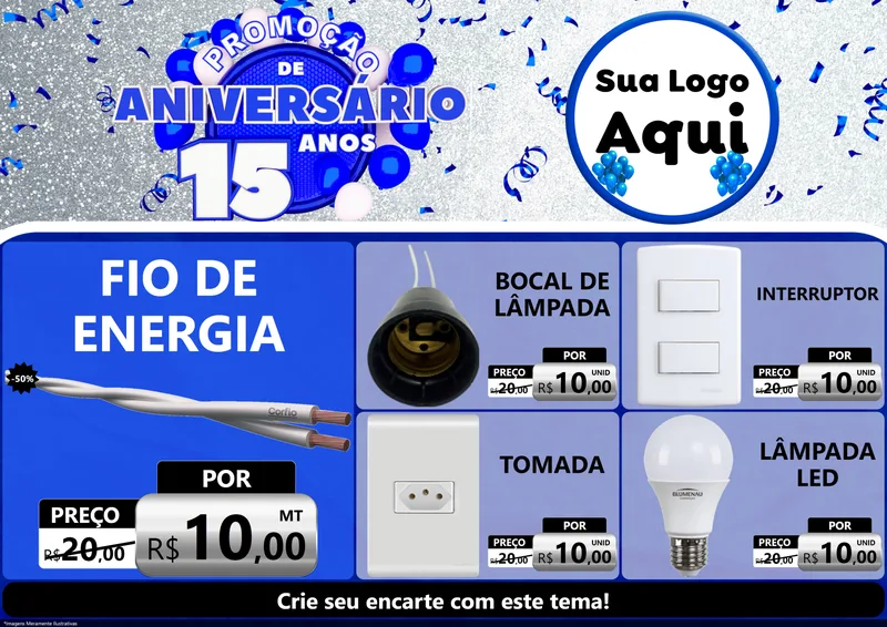 Modelo de Encarte para Encarte A4 Horizontal com o tema Promoção de Aniversário - 15 Anos para Materiais Elétricos