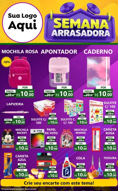 Modelo de Encarte para Encarte Grande com o tema Semana Arrasadora para Papelaria